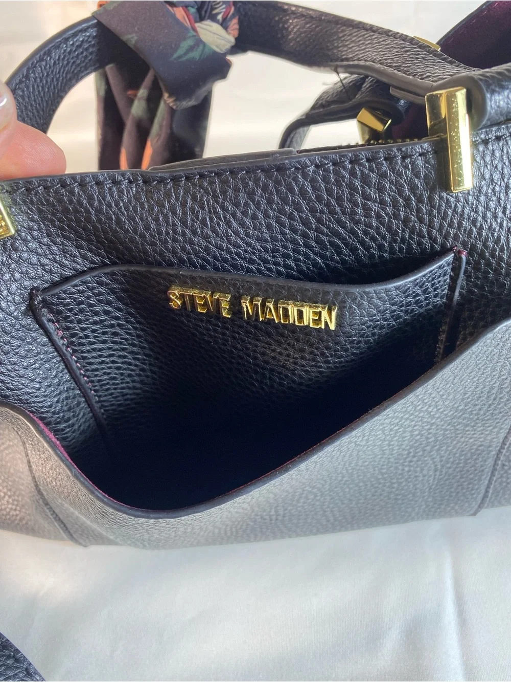 Steve Madden Black Pebbled faux leather purse with Floral Scarf Accent